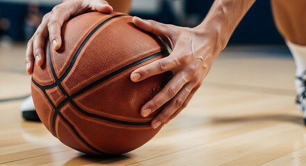 Close up of Basketball Player s Hands Dribbling or Controlling the Ball on Hardwood Court