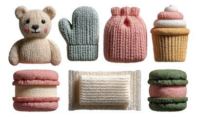 Soft Knitted Toy Collection Featuring Bear, Glove, Cupcake, and Macarons