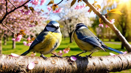 Two playful birds perched on a tree branch, their little faces tilted upwards in comical conversation, capturing the lighthearted concept of friendship and camaraderie, perfect for promoting.