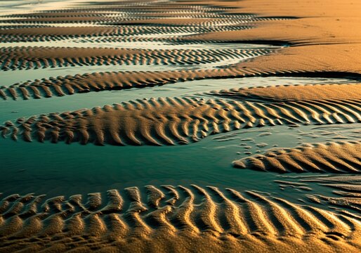 Intricate patterns of sand ripples and tide marks etched into golden beach sand at sunset - Powered by Adobe