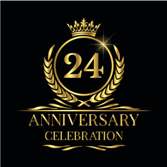 24 Years Luxury Vector Design – Black and Gold Anniversary Emblem with Crown and Wreath