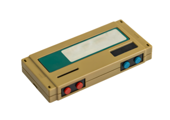 Retro game console cartridge with red and blue buttons on a white background.