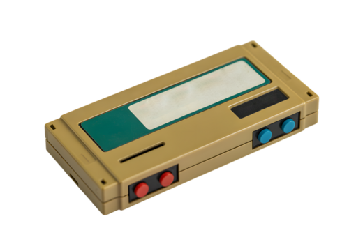 Retro game console cartridge with red and blue buttons on a white background.