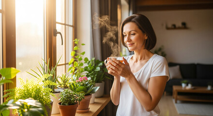 Middle-aged woman at window holding cup of tea, coffee, meeting the morning and sunrise, charging power and positive thinking.