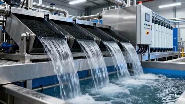 Medium shot showing clean pharmaceutical wastewater exiting filtration systems with activated carbon nanofiltration and advanced treatment methods in an industrial setting.
