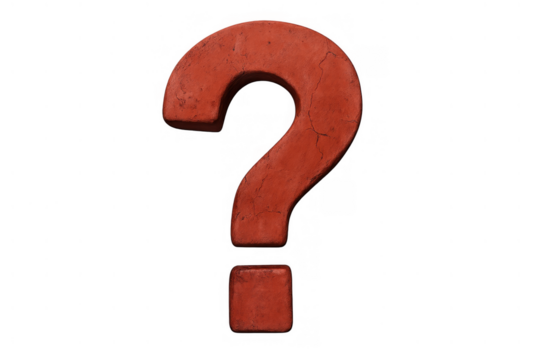 Red textured question mark symbol with cracks on a transparent background, conveying concepts of query and challenge