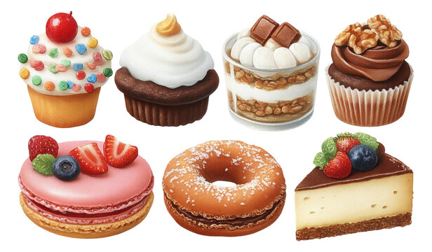 Colorful Collection of Delicious Desserts Isolated on Transparent Background