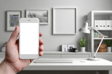 Hand Holding Blank Phone Over Desk