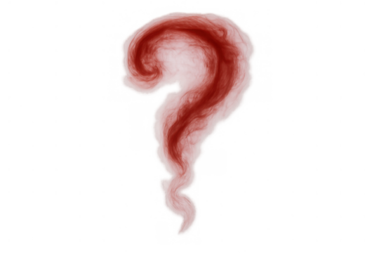 Red smoke forming question mark symbol, representing doubt, mystery, and confusion with transparent background