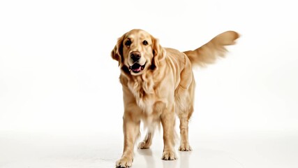 A golden retrievers thoughtful gaze, characterized by its slightly ajar mouth, sits attentively on the floor, perfectly capturing the concept of loyalty and trust, ideal for visualizing themes.