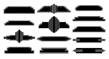 A set of twelve black and white Art Deco style frames and banners. Geometric vector shapes for vintage labels, invitations, or roaring 20s design.