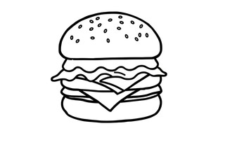 Simple black and white line drawing of a double cheeseburger