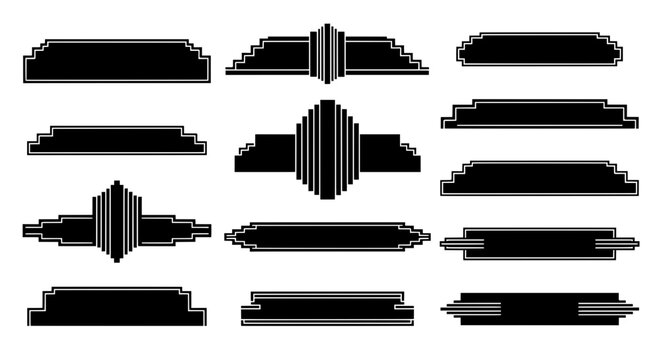 A set of twelve black and white Art Deco style frames and banners. Geometric vector shapes for vintage labels, invitations, or roaring 20s design. - Powered by Adobe
