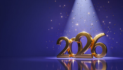 Happy New Year poster with golden letters 2026 on dark shimmering purple and dark blue background Happy Celebration Sparkles Banner Generative AI	