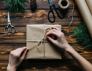 Hands tying jute string on wrapped holiday gift with pine branches and scissors