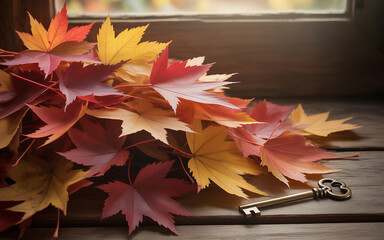 Discover the essence of autumn's beauty with vibrant maple leaves and an antique key, evoking warmth, nostalgia, and the promise of new beginnings.