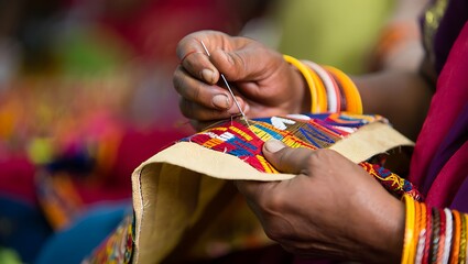 Close up of Artisan Hands Embroidering Fabric with Needle and Thread