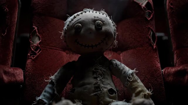 Creepy rag doll sitting in a theater seat with dim lighting
