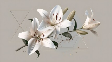 Elegant white lily blossoms and buds display against a subdued neutral background with subtle geometric accents