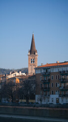 Fototapeta premium A vertical exterior shot captures Verona's historical bell tower rising above residential buildings. The medieval spire is prominent against a clear, blue sky, highlighting Italian architecture.