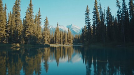 Majestic mountain reflected on the tranquil lake surrounded by forest