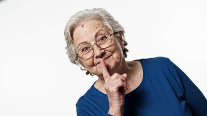 Playful Senior Woman Gesturing Silence with Finger on Lips in Studio Video