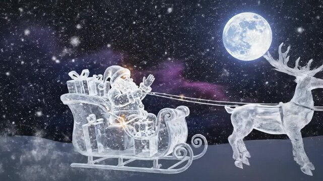Santa claus and his sleigh of reindeer made of ice flying across a starry sky during winter for Christmas holiday video