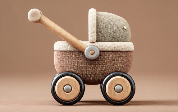 a firebase auth stroller, beige in color with wood accents and dark brown details, made of high-quality materials, set against a light gray background,