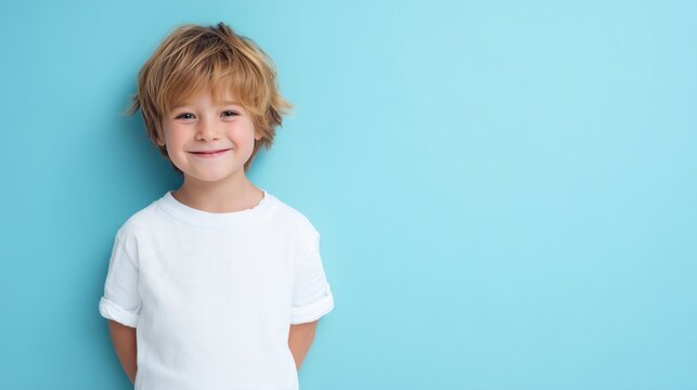 Happy smilling boy wearing bella canvas white shirt mockup, at blue background. Design tshirt template, print presentation mock-up