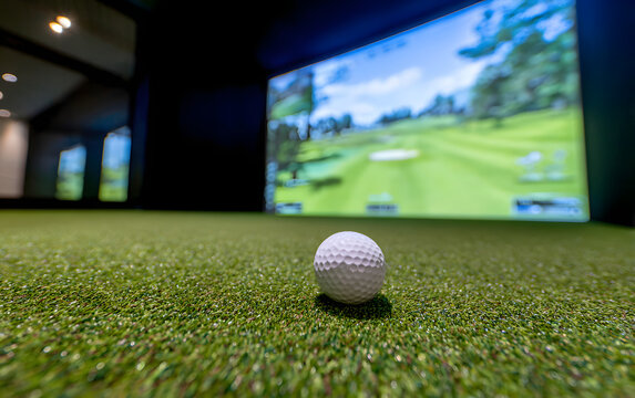 Golf ball waits on vibrant green turf before a stunning, immersive virtual golf course simulation screen
