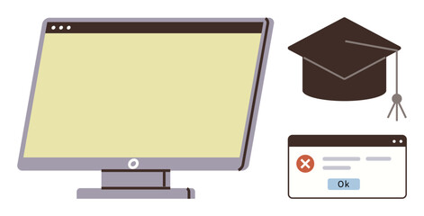 Computer monitor, graduation cap, and error message window symbolize online education, technical difficulties, and learning hurdles. Ideal for e-learning, education, technology, troubleshooting