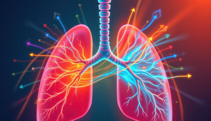 Vibrant illustration of human lungs with colorful air flow, showcasing intricate network of bronchi and blood vessels. This artwork symbolizes respiration and vitality