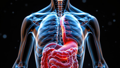 Detailed illustration of human torso showcasing skeletal and digestive systems, highlighting stomach and intestines with vibrant colors. This emphasizes complexity and beauty of human anatomy