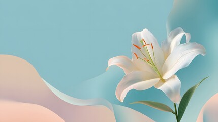 Elegant white lily bloom stands against soft, pastel abstract background waves