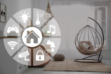 Smart home. Different icons on virtual screen against living room