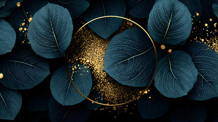 Elegant dark green leaves with golden accents and a circular frame.