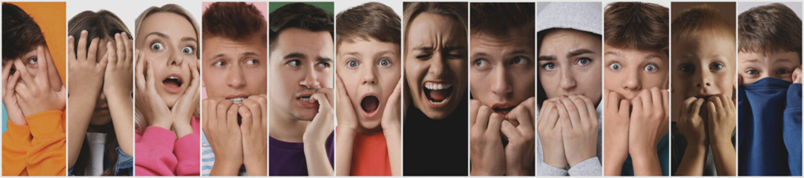 Scared and anxious people, collage of photos. Banner design. Concept of phobia