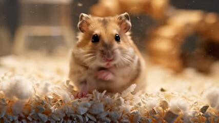 Hamster contentedly sitting on shredded fabric, perfectly capturing playfulness, innocence, and creativity, while also symbolizing resourcefulness, perfect for backgrounds in cooking shows or.