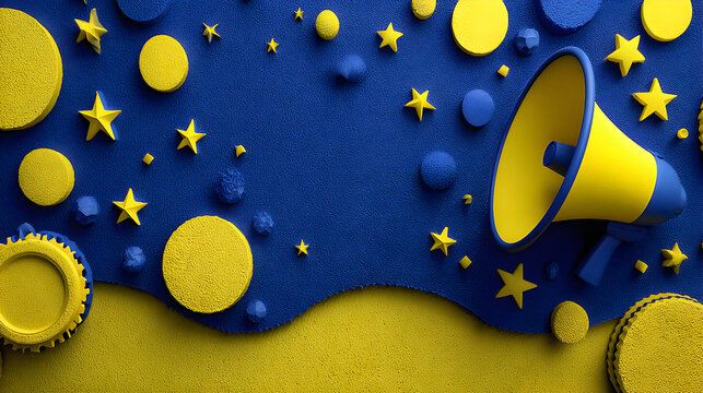 Ukraine Awareness Blue and Yellow Stars and Circles with Megaphone.