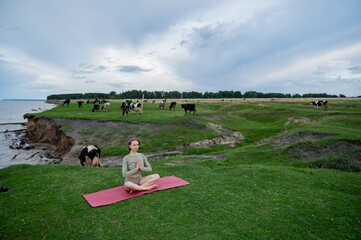 Caucasian woman doing yoga on the river bank among a herd of cows. 