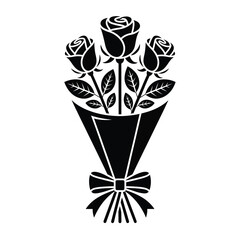Black and white illustration of a bouquet of three roses tied with a bow