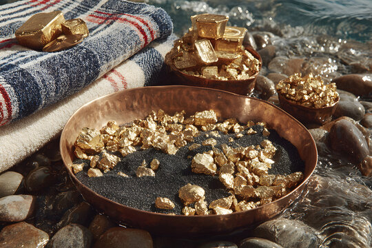 Gold Nuggets in Panning Dish by Waters Edge.