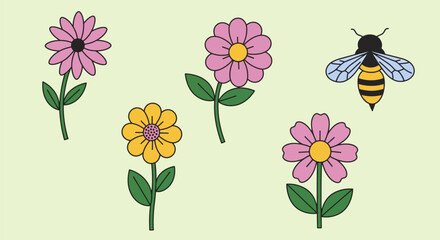 Colorful flowers and a bee on a light green background.