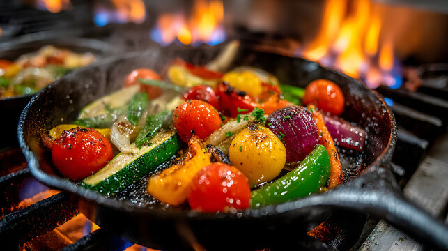 Sizzling Vegetables in a Pan on a Fiery Stove.