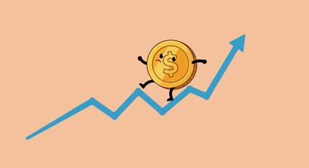 Coin character climbing a financial growth graph, representing investment success.
