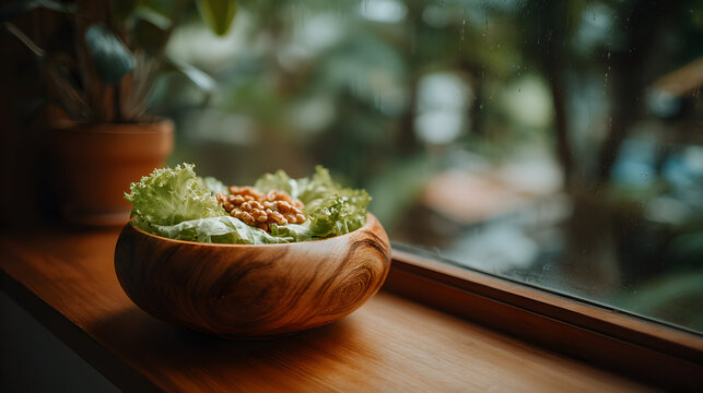 Wooden Bowl of Salad on Window Sill with Natural Light.
