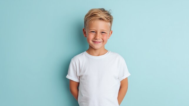 Happy smilling boy wearing bella canvas white shirt mockup, at blue background. Design tshirt template, print presentation mock-up