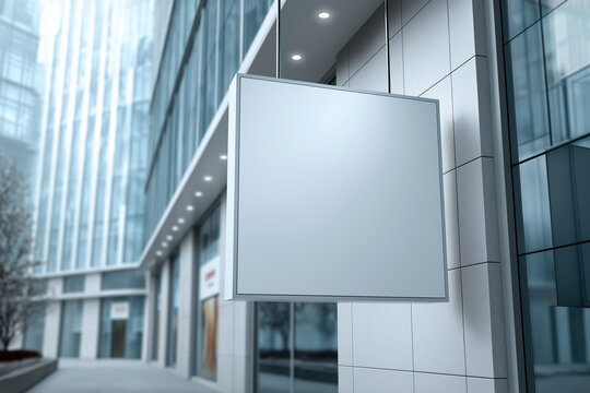 A blank, square black-framed hanging sign mockup attached to a modern gray building facade, with blurry city skyscrapers in the background. It symbolizes branding, identity, storefront