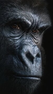 Gloomy serious looking gorilla monkey on black background. African wildlife concept
