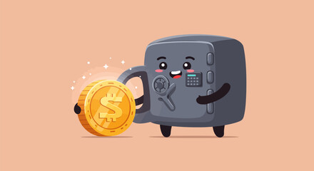 Cute cartoon safe holding a golden coin, financial concept.